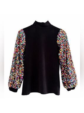 Sequin Sleeve Mock Neck Top Party Retro Glam Maximalist